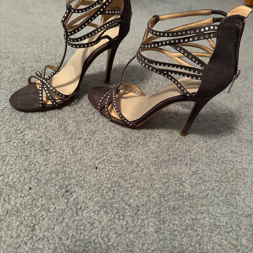 Audrey Brooke- Grey rhinestone heels-worn once. Heel cushions added.  5 “ heel.
